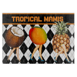 Cartoon Tropical Fruits Ladies On Black & White Snijplank