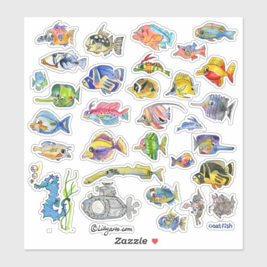Cartoon Tropical Reef Fish 3 Waterverf Sticker (Vel)