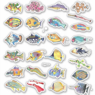 Cartoon Tropical Reef Fish Waterverf Contour Sticker
