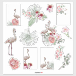 Cartoon tropische stickers met palm en flamingo.