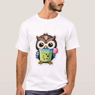 Cartoon-uil met een groene bubble tea met roze b t-shirt