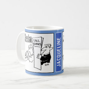 Cartoon van 2 mannen in een bibliotheek die boeken koffiemok