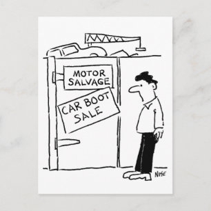 Cartoon van Car Boot Sale op een autokerkhof Briefkaart