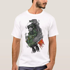 Cartoon van de militaire vuursteentje tegen een pr t-shirt