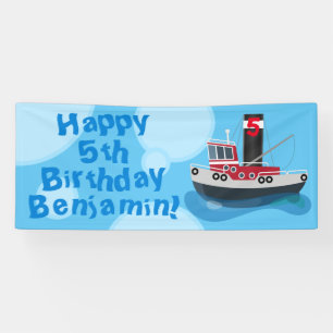 Cartoon van de vissersboot Cute Trawler Spandoek