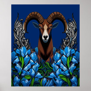 Cartoon van een dikhoornschaap met Colorado blauwe Poster