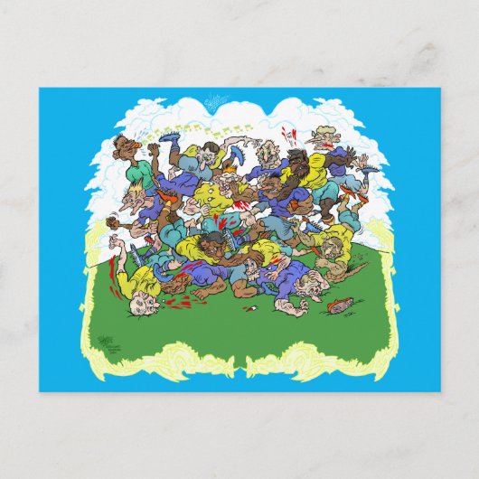 Cartoon van een Rugby match. Briefkaart (Voorkant)