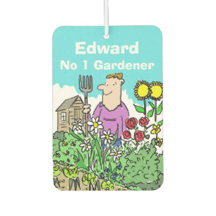 Cartoon van een tuinman in een prachtige tuin luchtverfrisser