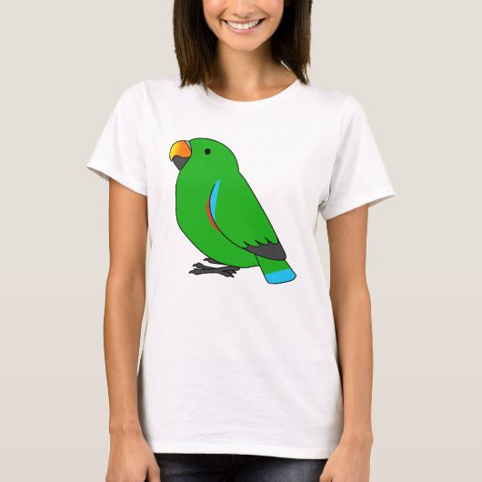 Cartoon van fluffe mannetjes, groene eclectus parr t-shirt (Voorkant)