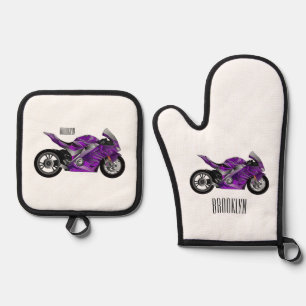 cartoon van Paarse sportmotor Ovenwant & Pannenlap Set