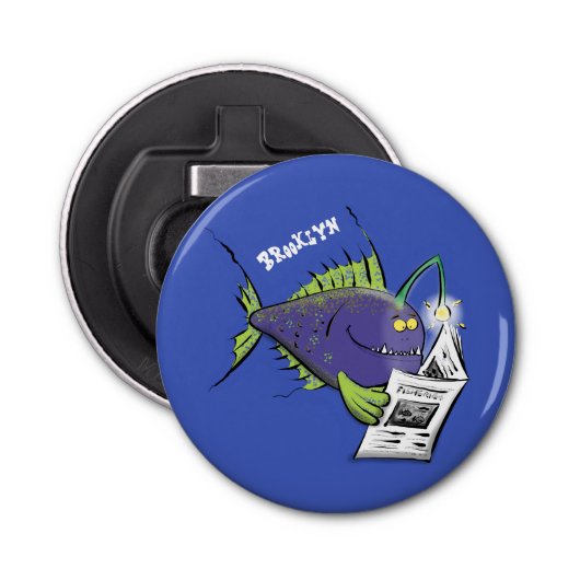 Cartoon van schimmelvis button flesopener (Voorkant)