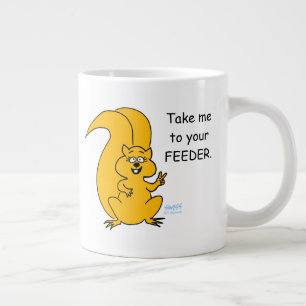 Cartoon van vredestichtende eekhoorn en vederfeede grote koffiekop