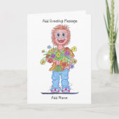 Cartoon van vrouw met een bos bloemen kaart (Voorkant)