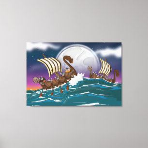 Cartoon Viking-vloot Canvas Afdruk