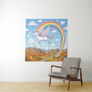 Cartoon vliegende eenhoorn met regenboog wandkleed