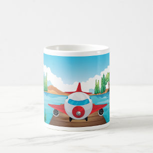 Cartoon Vliegtuig op Lake Dock Fun Travel Adventur Koffiemok