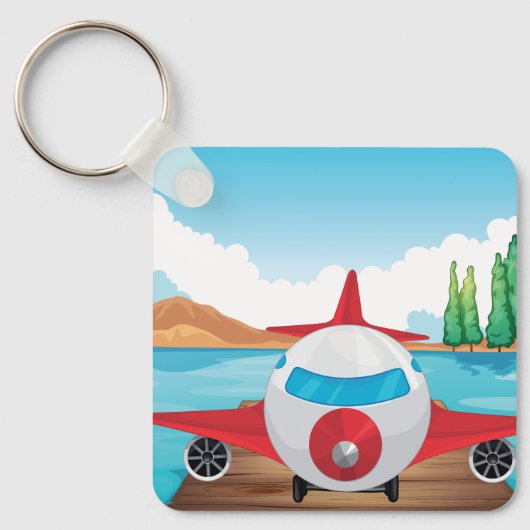 Cartoon Vliegtuig op Lake Dock Fun Travel Adventur Sleutelhanger (Voorkant)