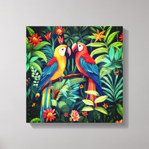 Cartoon Vogels In Jungle Kunst Canvas Afdruk