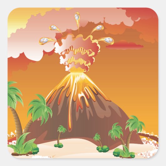 Cartoon Volcano Eruption Vierkante Sticker (Voorkant)