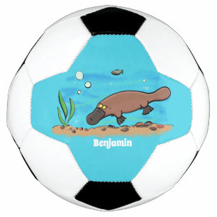 Cartoon voor het zwemmen van cute platypus voetbal