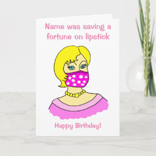 Cartoon Vrouw Facemask Lipstick Blonde Verjaardag Kaart