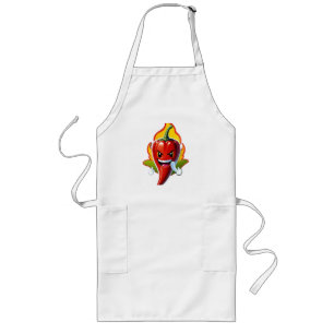 Cartoon vuur peper mascotte met grijnzend gezicht lang schort
