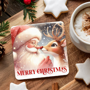 Cartoon Watercolor Kerstman Rudolph Kerst Coaster Vierkante Kartonnen Onderzetter
