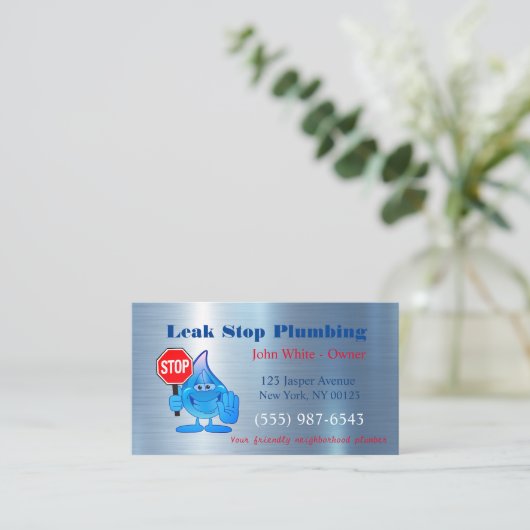 Cartoon Waterdruppelaar Man Plumbing Service Visitekaartje (Staand voorkant)