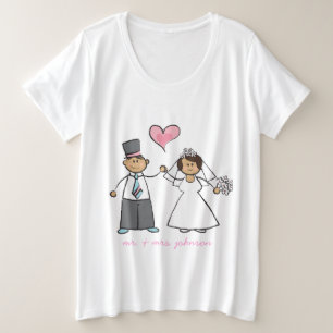 Cartoon Weddenschap Paars Bride & Groom Pink Heart Grote Maat T-shirt