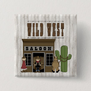 Cartoon Wild Western Fun Saloon Vierkante Button 5,1 Cm