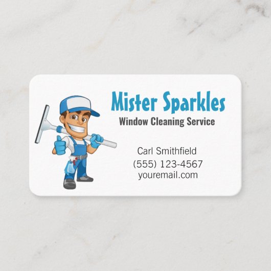 Cartoon Window Squeegee Cleaning Service Guy Visitekaartje (Voorkant)