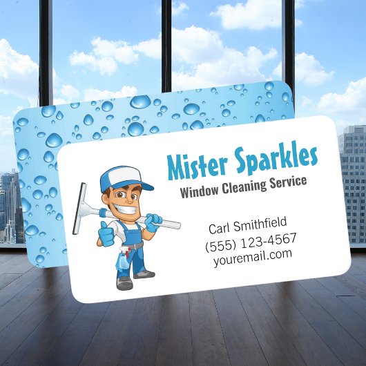 Cartoon Window Squeegee Cleaning Service Guy Visitekaartje
