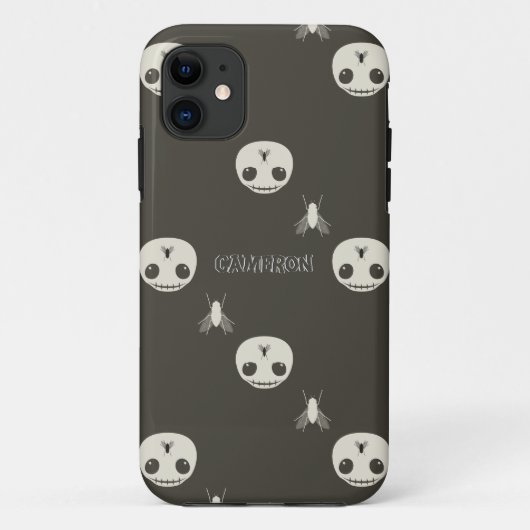 Cartoon Witte Schedels op Bruin Embossed Text Effe Case-Mate iPhone Case (Achterkant)