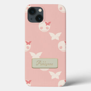 Cartoon Witte Schedels op Roze Embossed Text Effec iPhone 13 Hoesje
