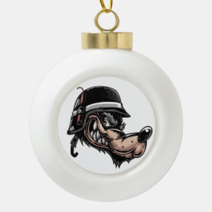 Cartoon wolf met dynamiet op zijn Duitse helm Keramische Bal Ornament