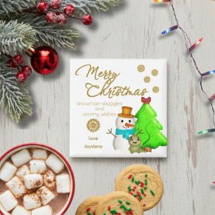 Cartoon Worm, Sneeuwman En Kerstboom Magneet