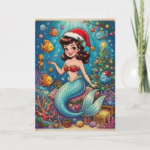 Cartoon Zeemeermin Vintage Kerstmis Kaart