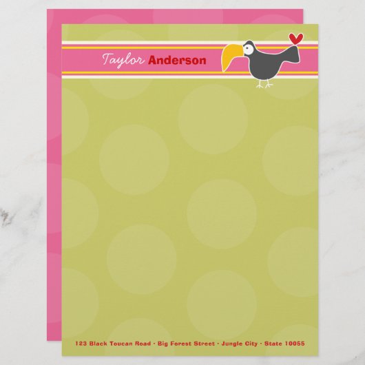 Cartoon Zwart Toucan Vogelgroen Stippen Kinder Kin Briefhoofd Ontwerp (Voorkant / Achterkant)