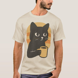 Cartoon zwarte kat met een koffie mok t-shirt