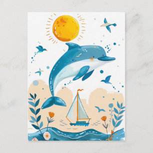 Cartoondolfijn springt uit het water briefkaart