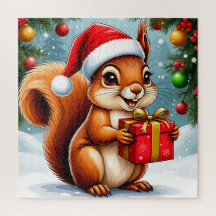 Cartooneekhoorn met kerstcadeau gezinsplezier legpuzzel