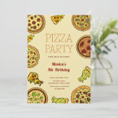 Cartoones pizzafeest verjaardag kaart (Staand voorkant)
