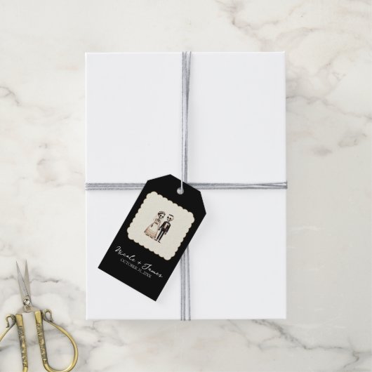 Cartooneskelet Bruid + Bruidegom Whimsical Huwelij Cadeaulabel (Met Touw)