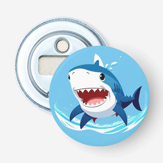 Cartoonhaai die onder water zwemt button flesopener (Voorkant)