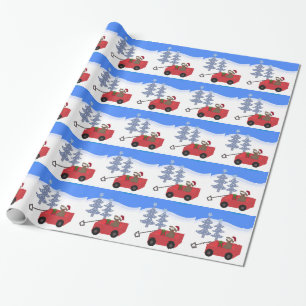 Cartoonhond in een rode wagen cadeaupapier