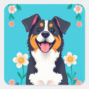 Cartoonhond omringd door bloemen vierkante sticker