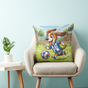 Cartoonhond speelt voetbal kussen