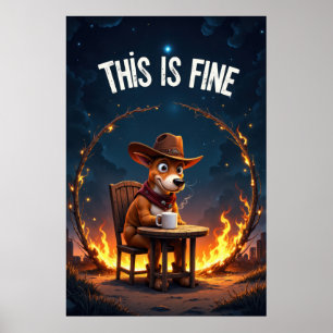 Cartoonhond zit aan tafel met koffie omringd poster