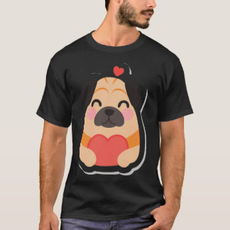 Cartoonillustratie van een Pug die een Rode Hart v T-shirt
