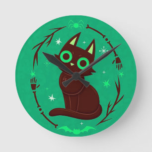 Cartoonillustratie van een zwarte kat Halloween Ronde Klok